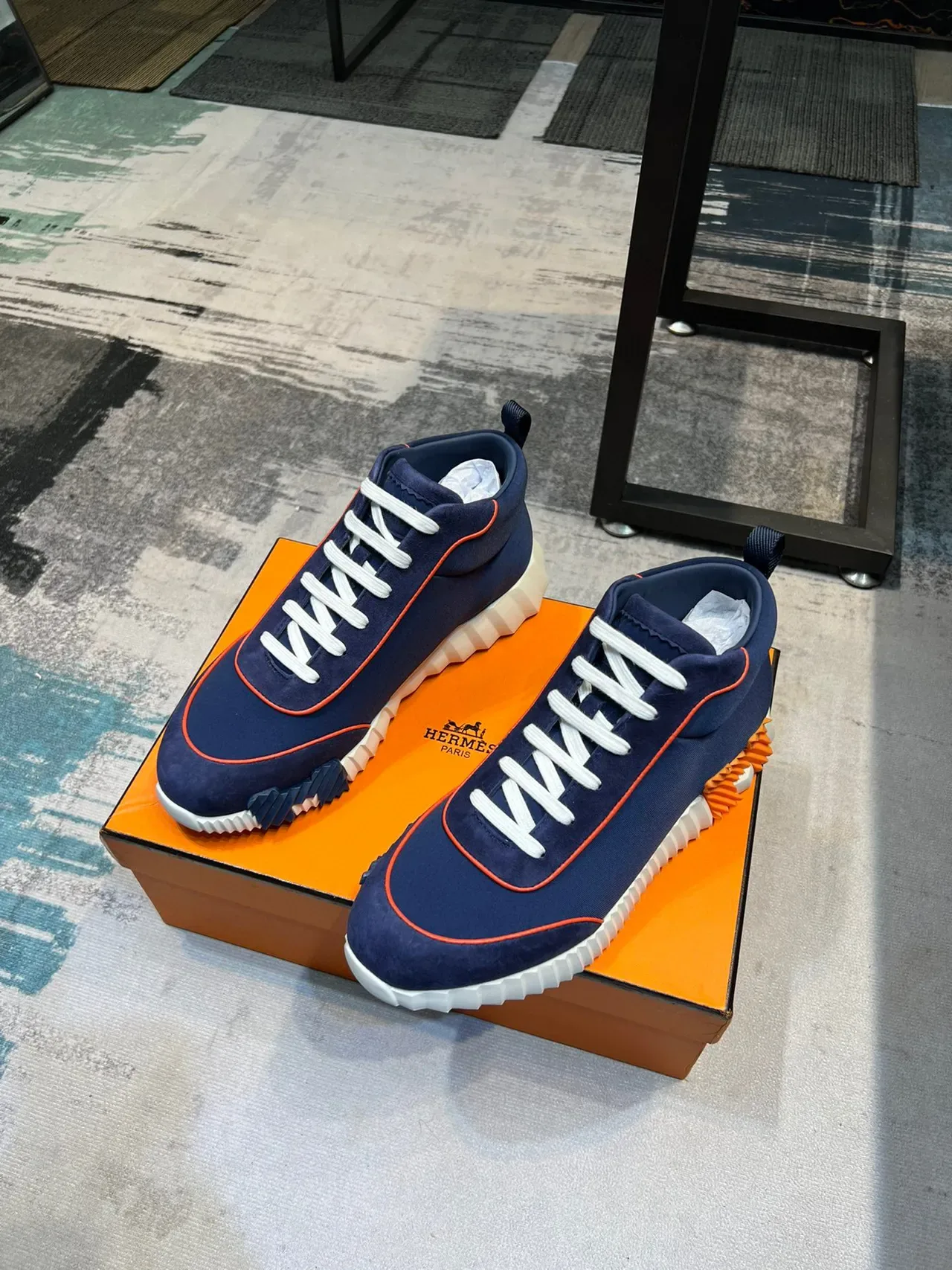 حذاء رياضي Lifestyle Hermès Hiker Navy and Orange High-Top 5