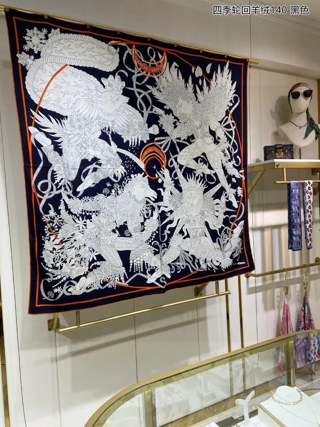 Hermès Cachecol de Cachemira com motivo line-art rayado navy laranja branco 4