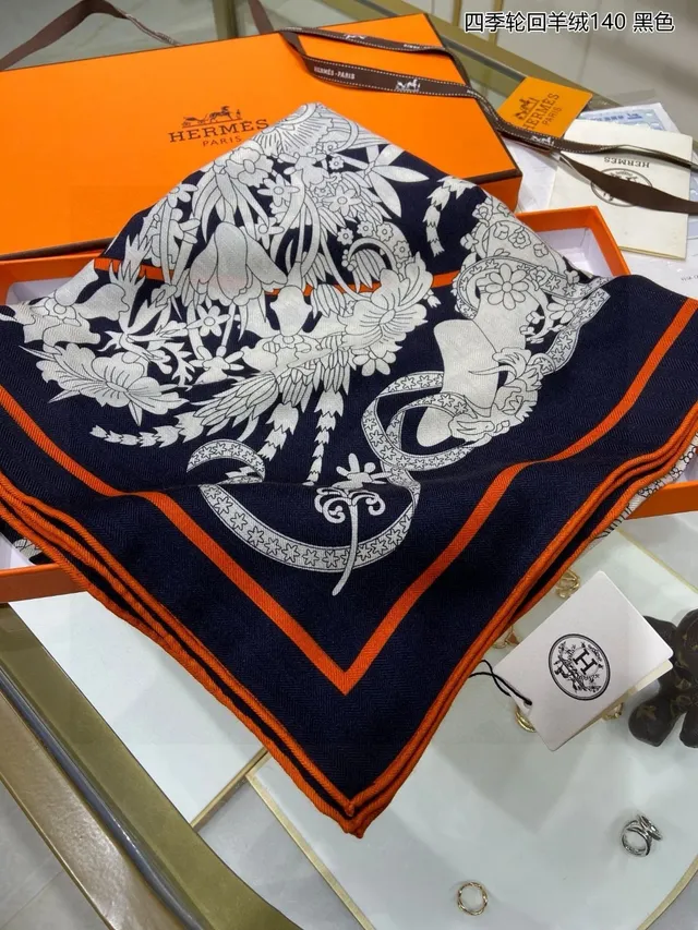 Hermès Cachecol de Cachemira com motivo line-art rayado navy laranja branco 5