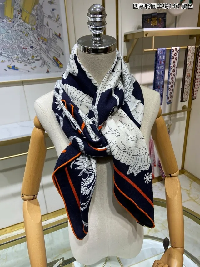 Hermès Cachecol de Cachemira com motivo line-art rayado navy laranja branco 6