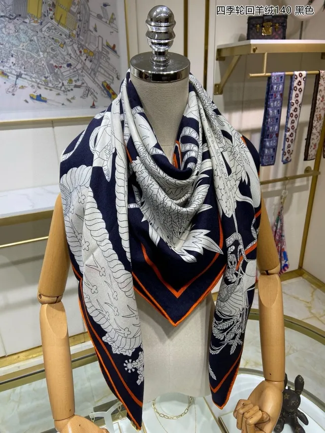 Hermès Cachecol de Cachemira com motivo line-art rayado navy laranja branco 7