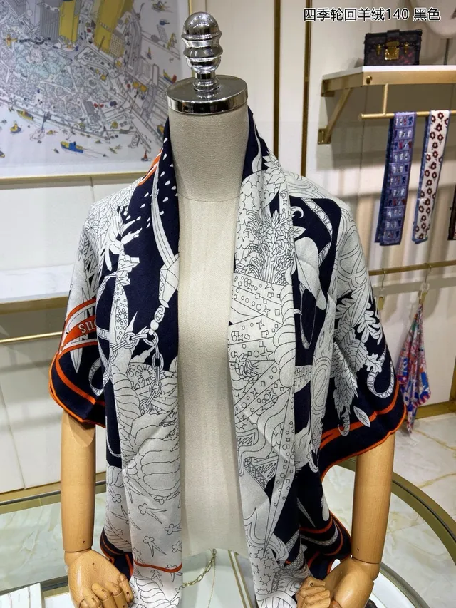 Hermès Cachecol de Cachemira com motivo line-art rayado navy laranja branco 8