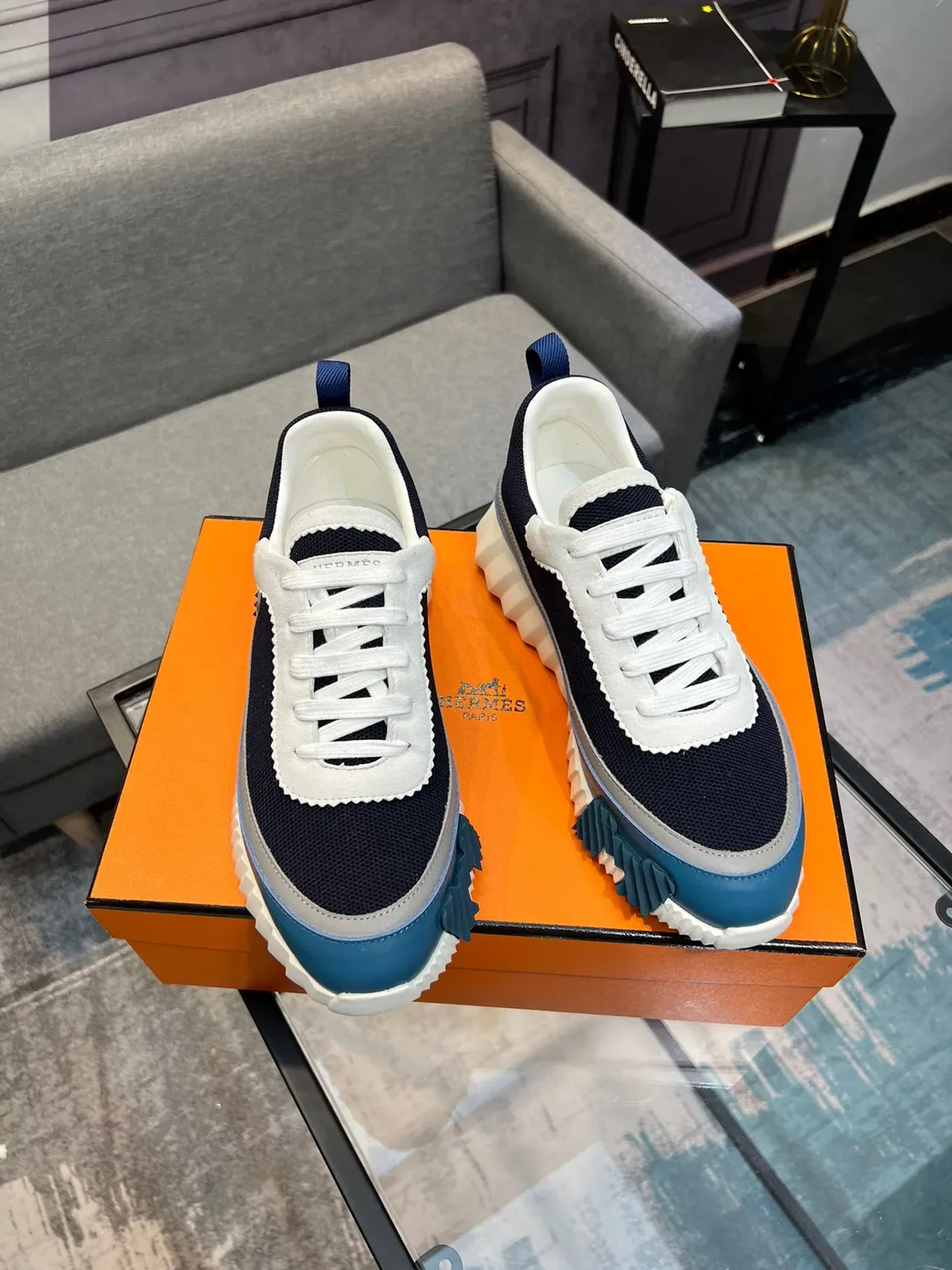 Hermès Navy White Mesh Upper Serrated Overlay Chunky Sneakers 4