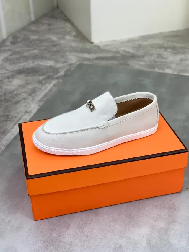 Hermès Oran Beige White Suede Upper Stirrup Buckle Hardware Loafer 4