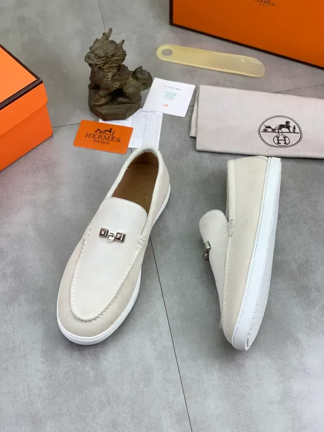 Hermès Oran Beige White Suede Upper Stirrup Buckle Hardware Loafer 5