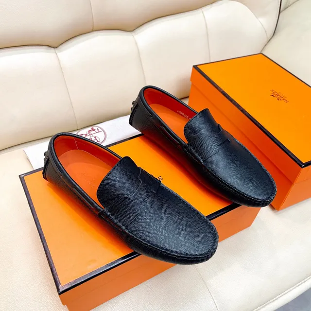 Hermès Oran কালো গ্রেন লেদার লোফার 7