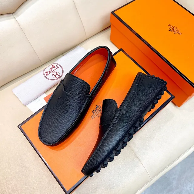 Hermès Oran কালো গ্রেন লেদার লোফার 8
