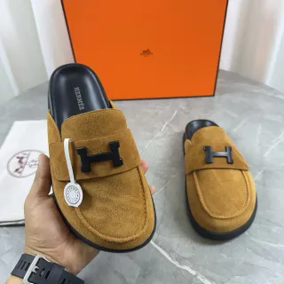 Hermès Oran भूरा काला सुड ऊपरी H-Logo बकल लोफर