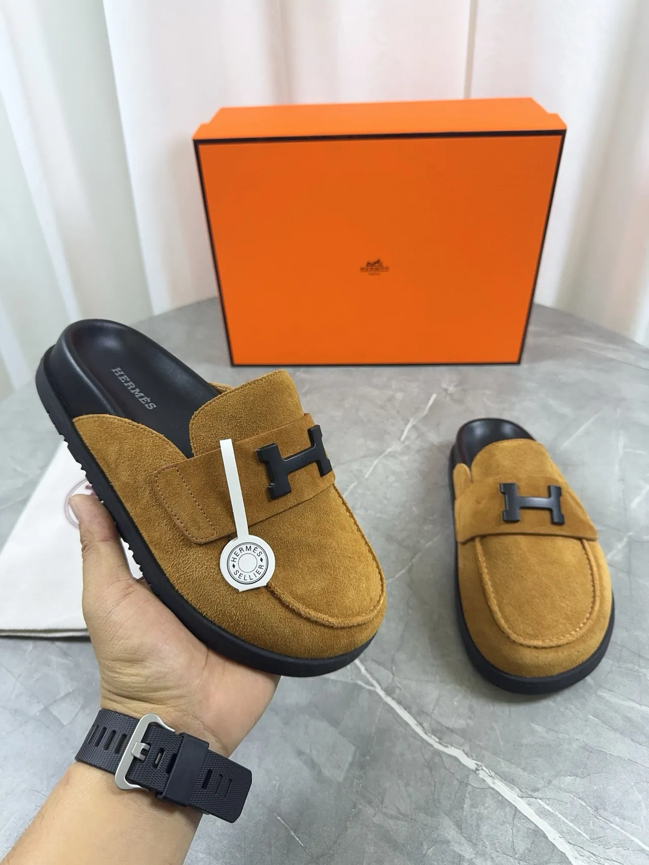 Hermès Oran Brown Black Suede Upper H-Logo Buckle Loafer 7