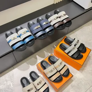 爱马仕 Oran 双带斜纹针织拖鞋
