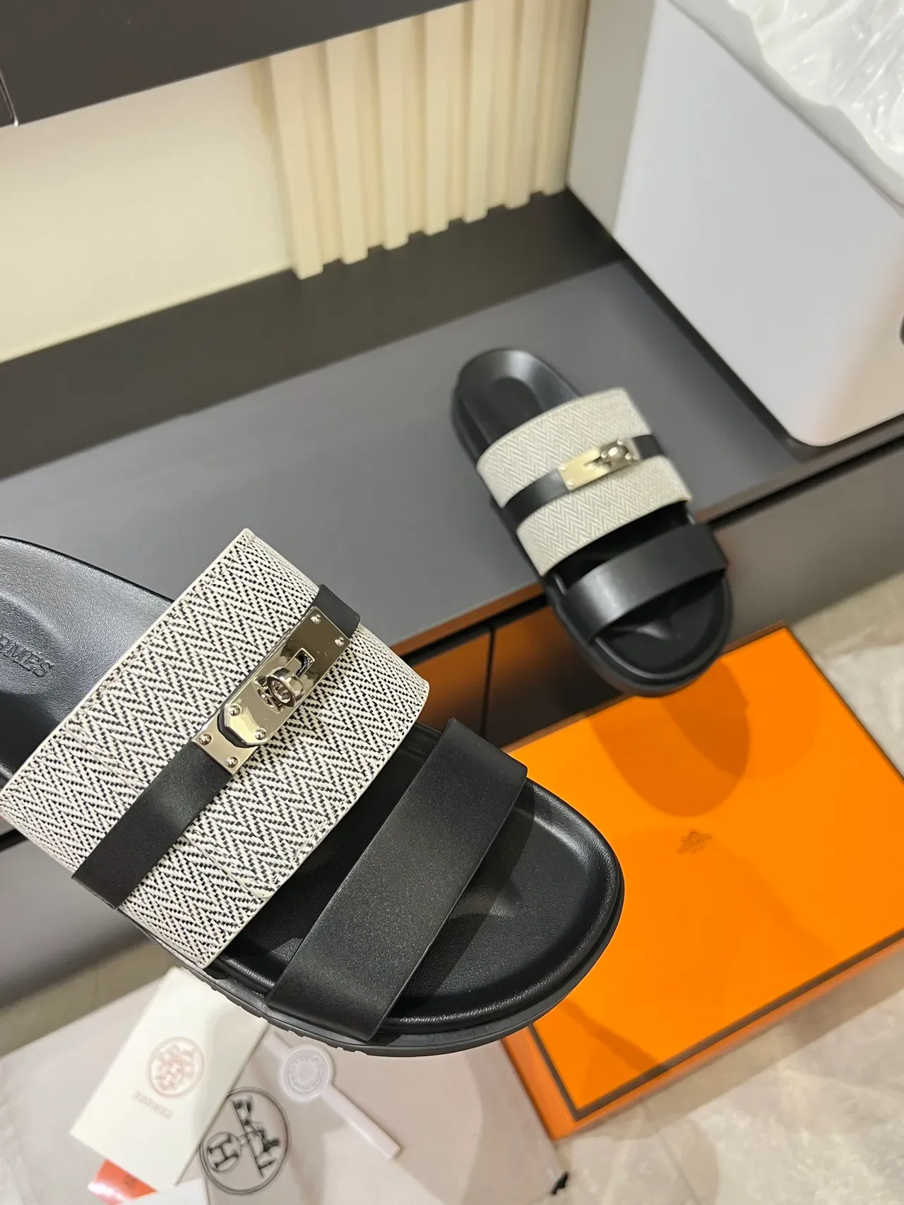 Hermès Oran Double-Strap Woven Herringbone Slippers 8