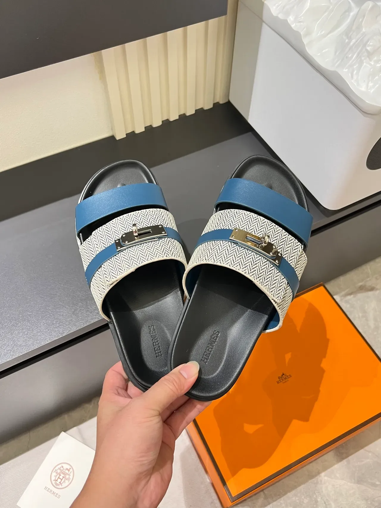 Hermès Oran Double-Strap Woven Herringbone Slippers 13