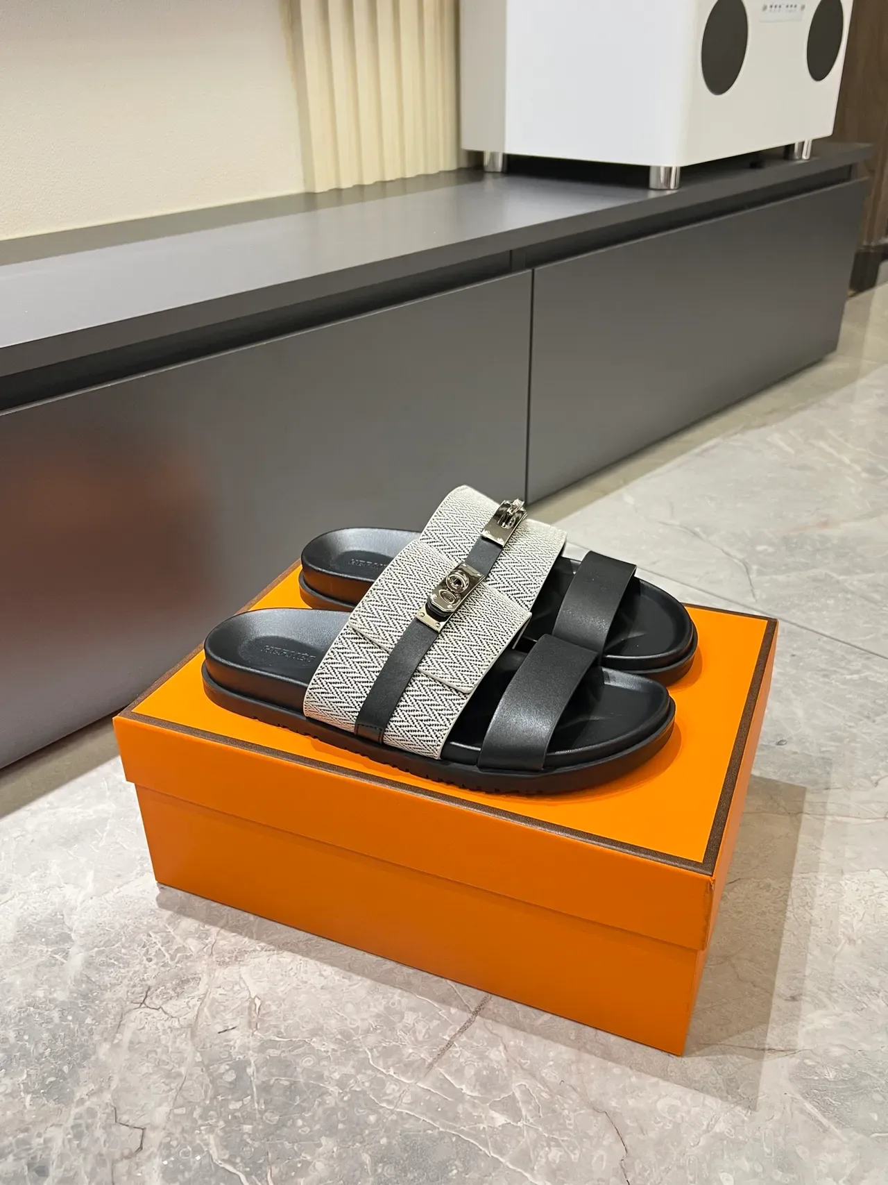 Hermès Oran Double-Strap Woven Herringbone Slippers 20