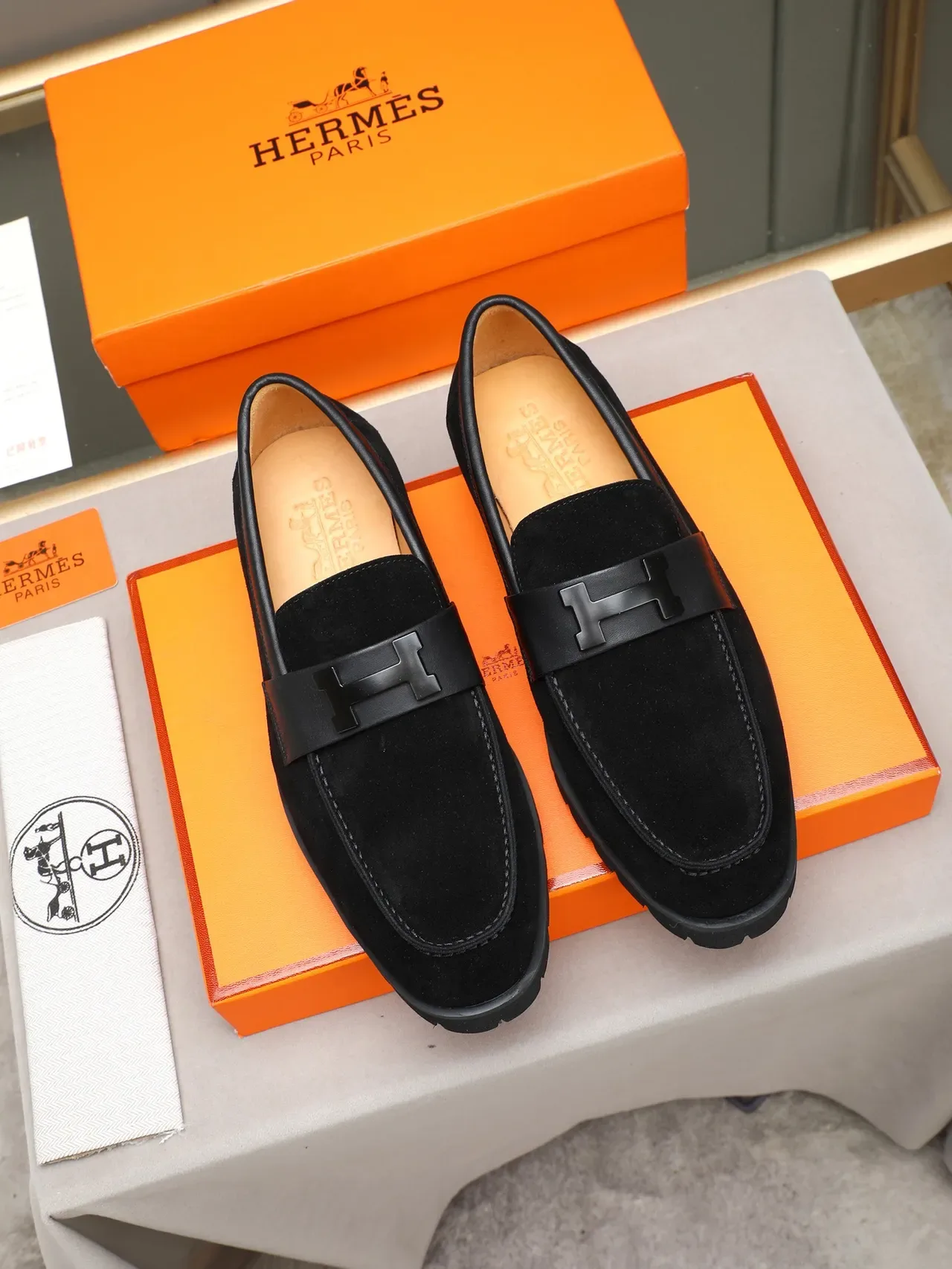 Hermès Oran Loafer Black Brown Suede Upper H-Buckle Strap Loafer 2