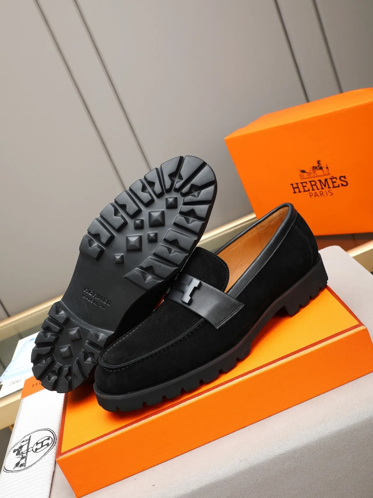 Hermès Oran Loafer Black Brown Suede Upper H-Buckle Strap Loafer 4