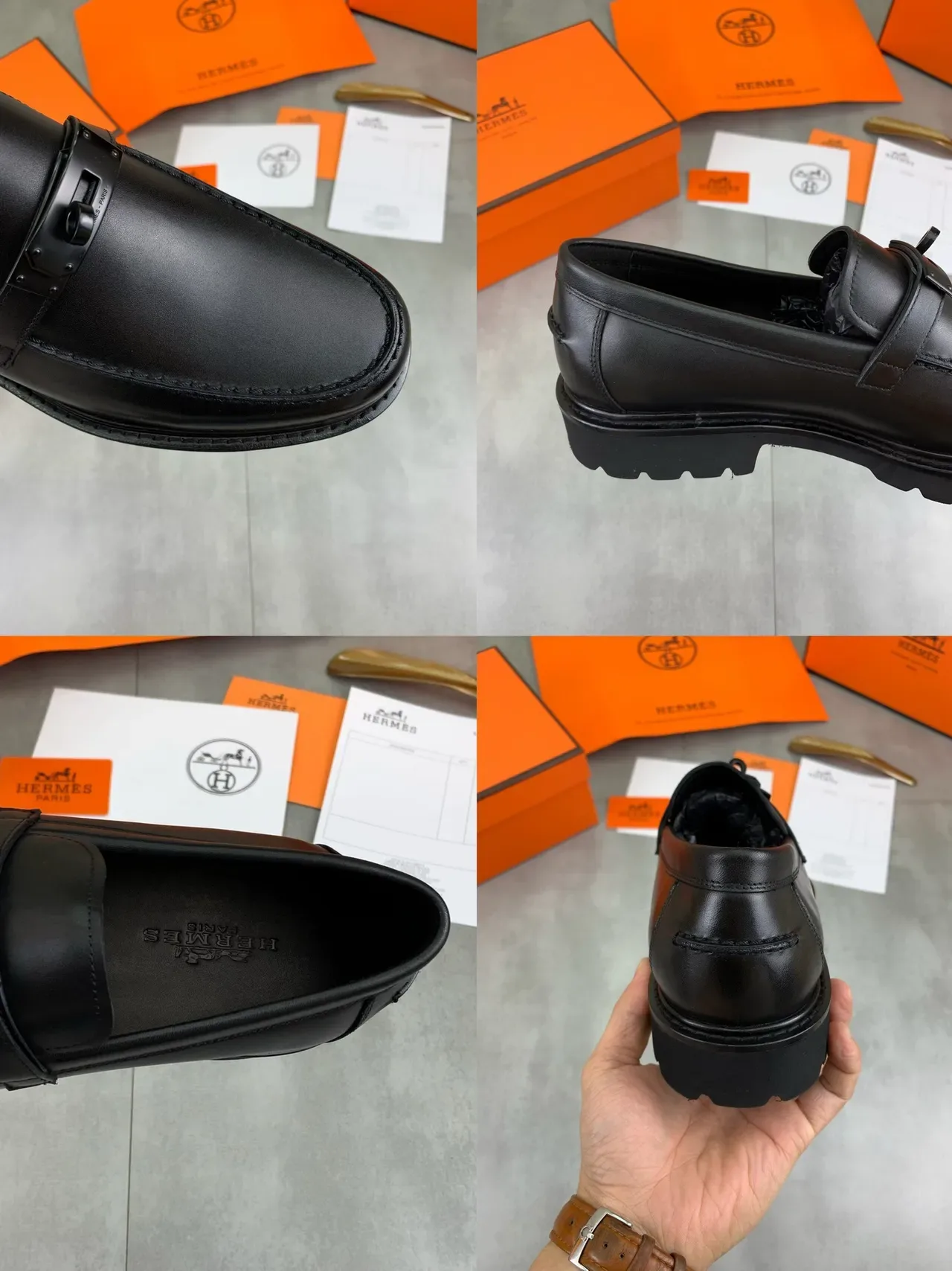 Hermès Oran लूफर काला चमड़ा H-Buckle लुग सोल लूफर 2