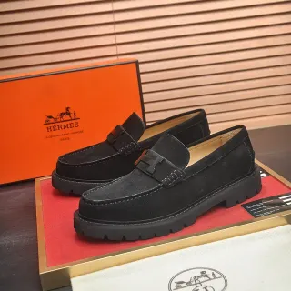 Hermès Oran 黑色麂皮 H-Buckle 凸纹底 乐福鞋