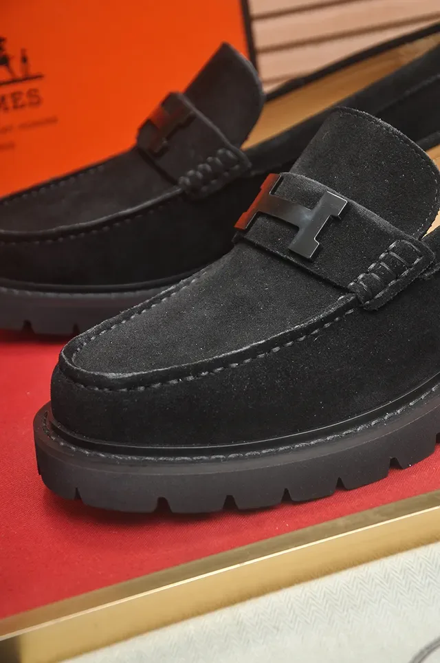 Hermès Oran Loafer Black Suede H-Buckle Lug Sole Loafers 2
