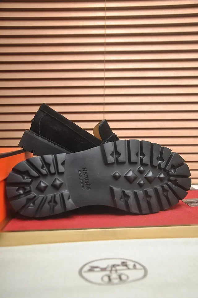 Hermès Oran Loafer Black Suede H-Buckle Lug Sole Loafers 3