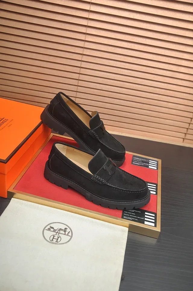 Hermès Oran Loafer Black Suede H-Buckle Lug Sole Loafers 4