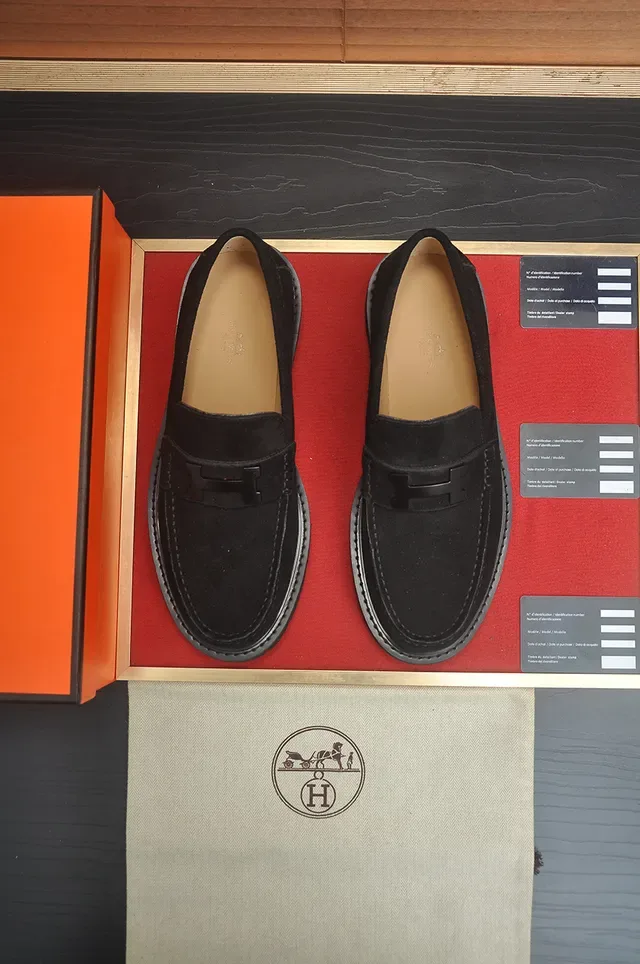 Hermès Oran Loafer Black Suede H-Buckle Lug Sole Loafers 5
