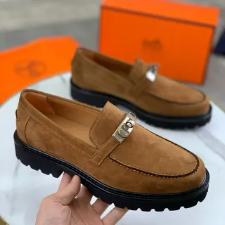 Hermès Oran Loafer বাদামী কালো সুড উপর এইচ-আকারের ধাতব বাকল লোফার