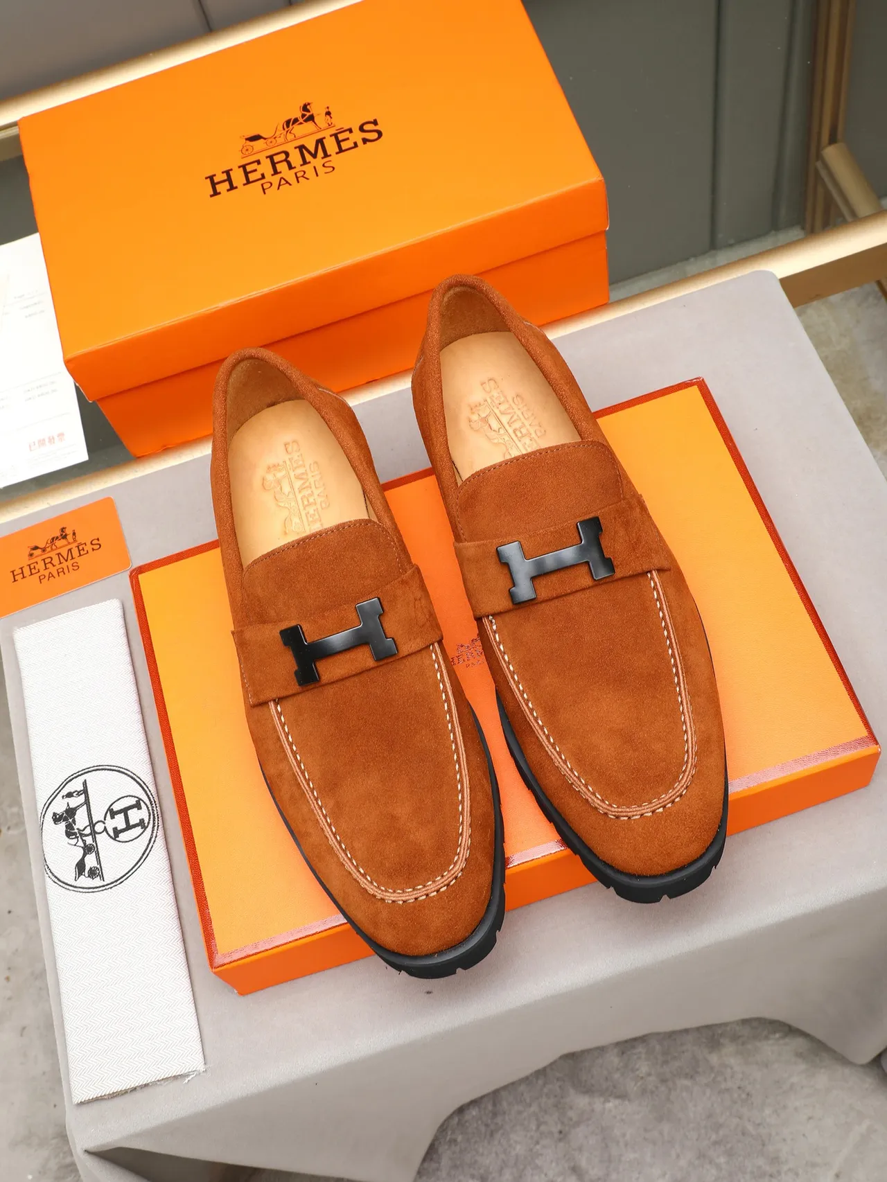 Hermès Oran Loafer Orange Black Suede Upper H-Buckle Strap Loafer 2