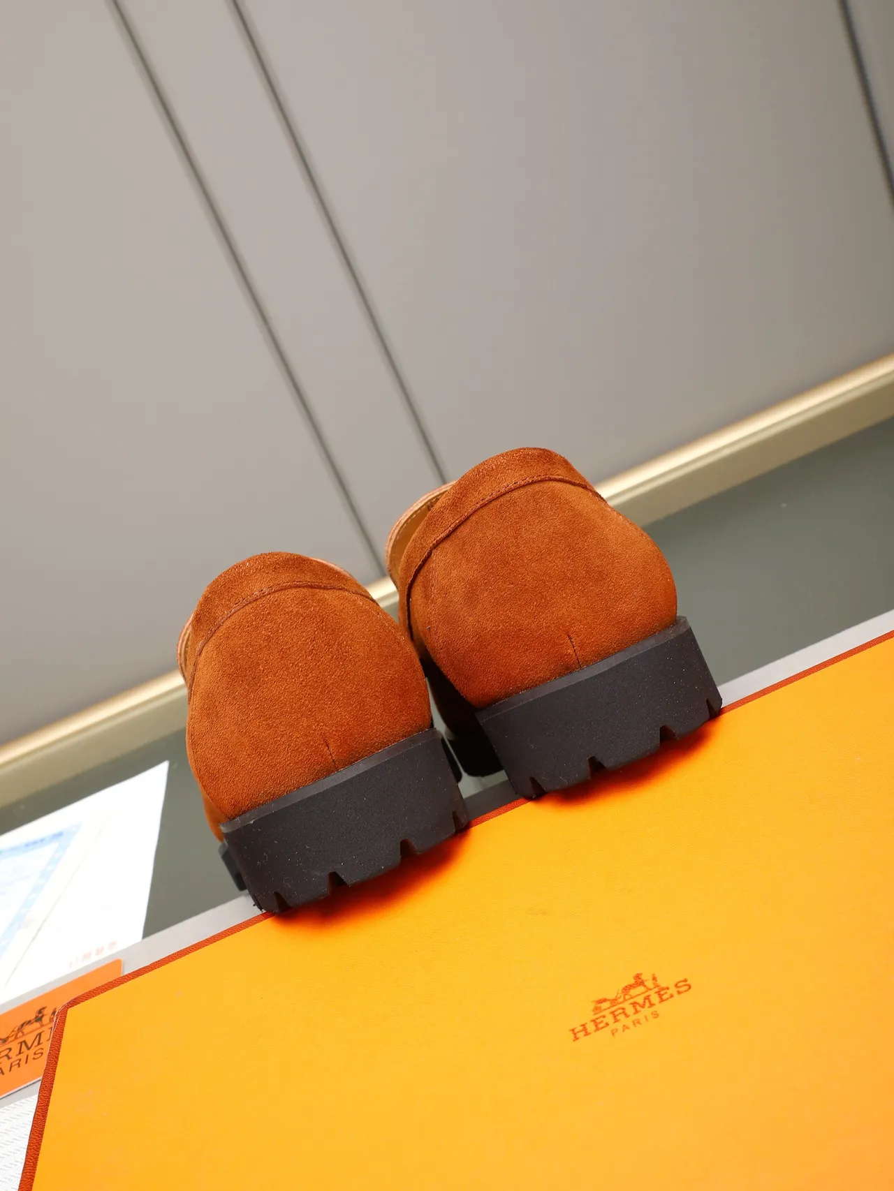 Hermès Oran Loafer Orange Black Suede Upper H-Buckle Strap Loafer 3