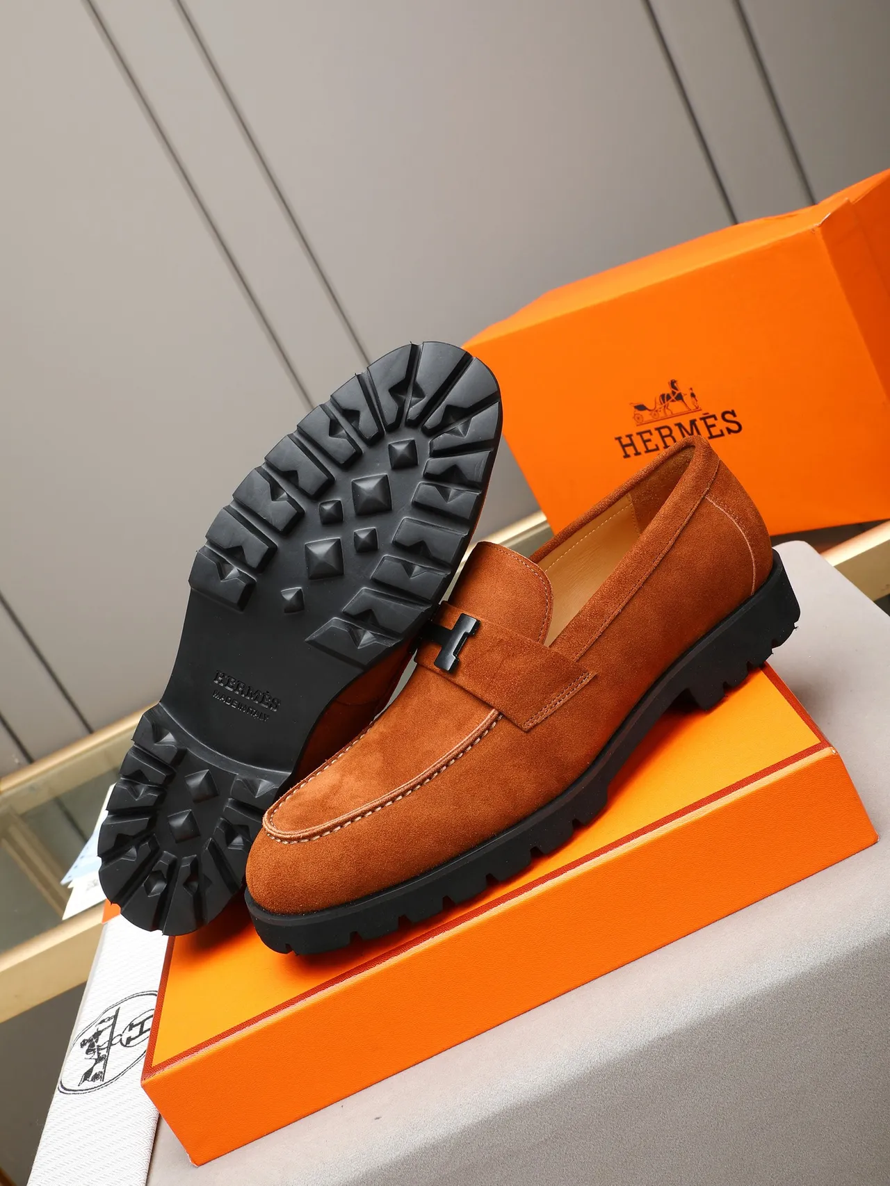 Hermès Oran Loafer Orange Black Suede Upper H-Buckle Strap Loafer 4