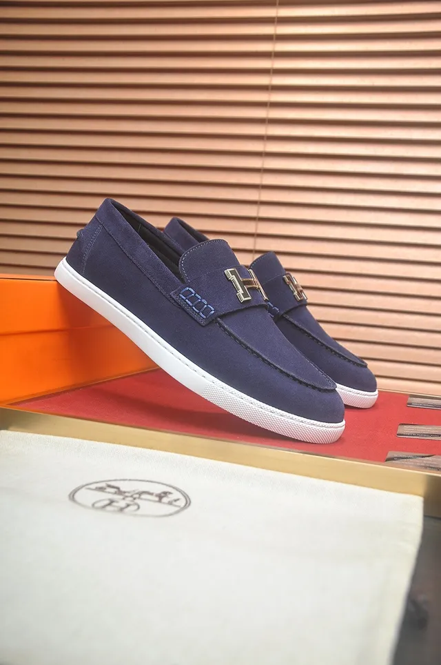 Hermès Oran Navy White Suede Upper Contrast Sole Loafer 2