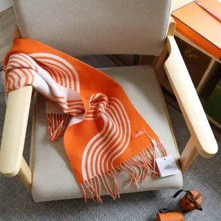 Hermès Cachecol de cachemira com listras onduladas laranja e branca