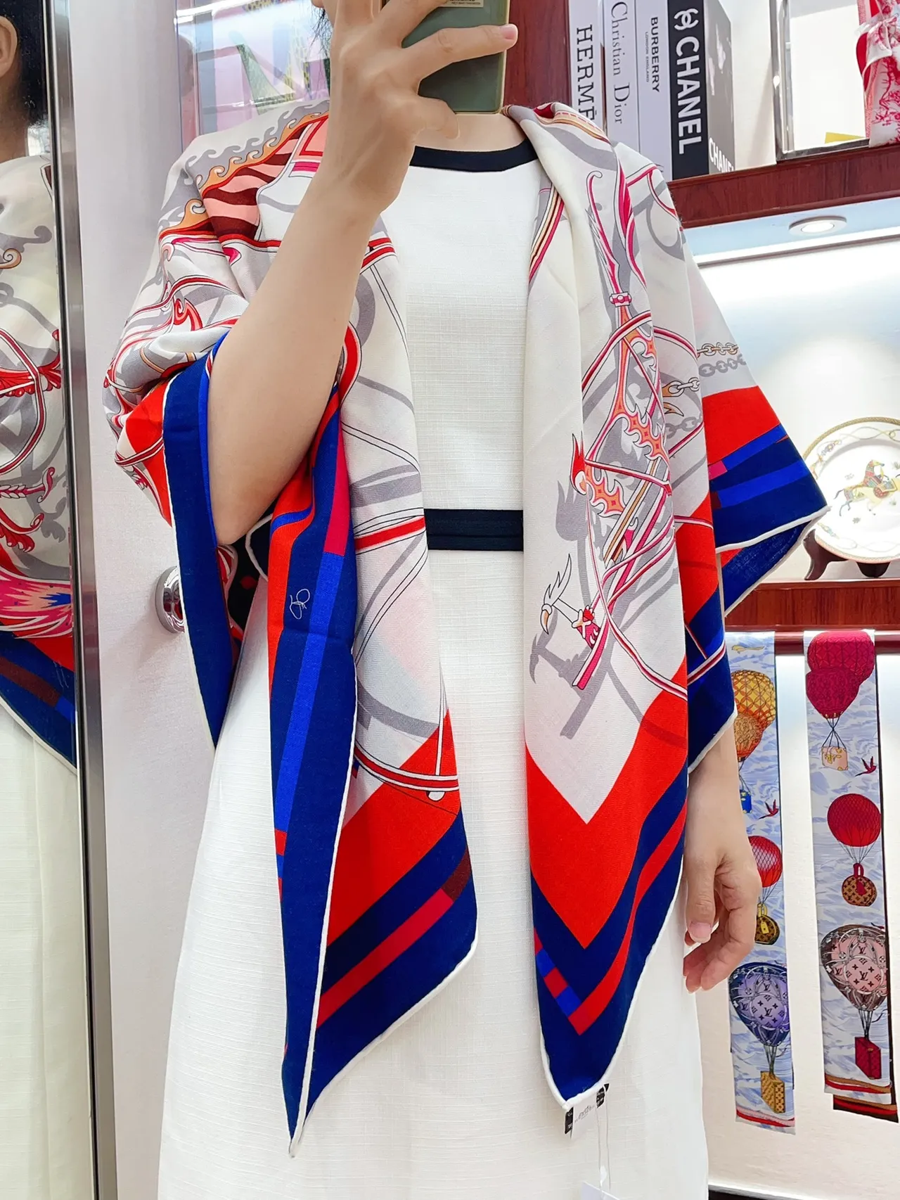 Hermès Printed Equestrian Motif Cream Blue Red Silk Scarf 2
