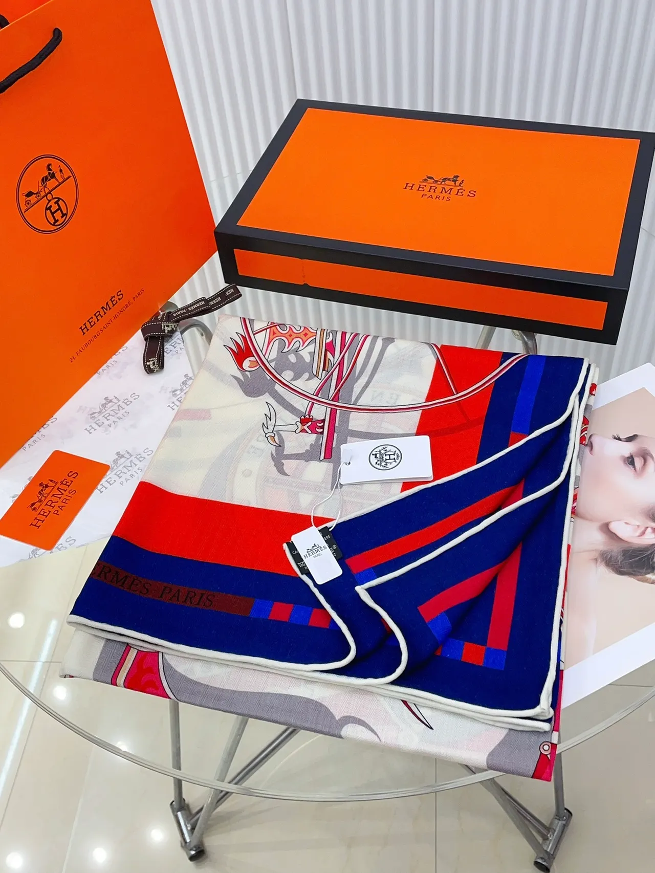 Hermès Printed Equestrian Motif Cream Blue Red Silk Scarf 5