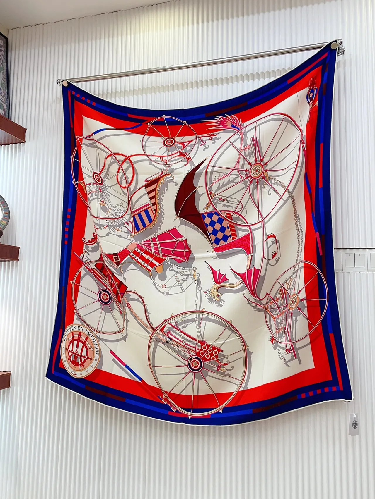 Hermès Printed Equestrian Motif Cream Blue Red Silk Scarf 6