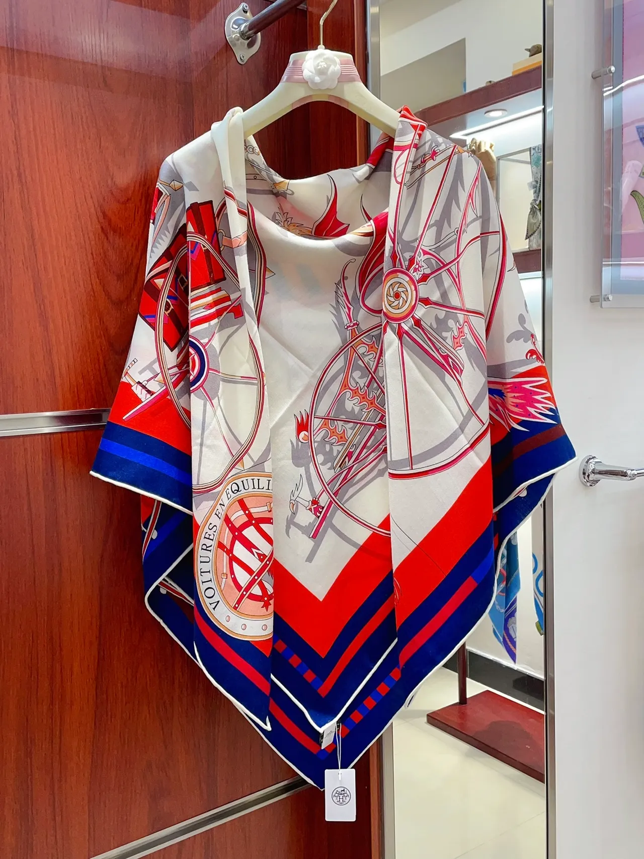 Hermès Printed Equestrian Motif Cream Blue Red Silk Scarf 7