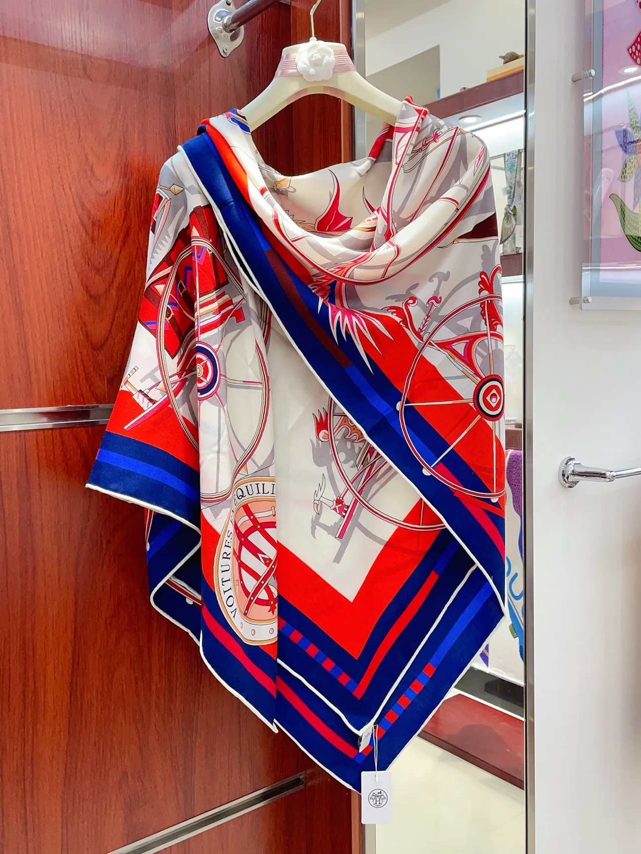 Hermès Printed Equestrian Motif Cream Blue Red Silk Scarf 8