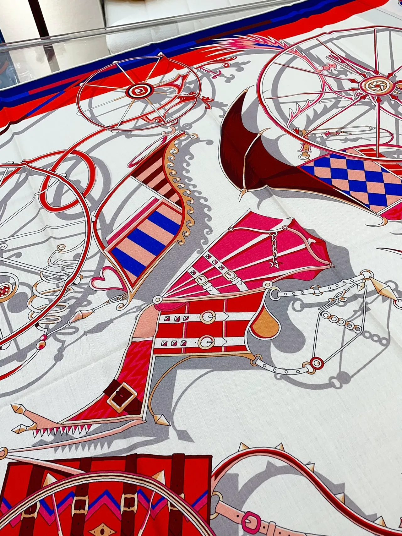 Hermès Printed Equestrian Motif Cream Blue Red Silk Scarf 9