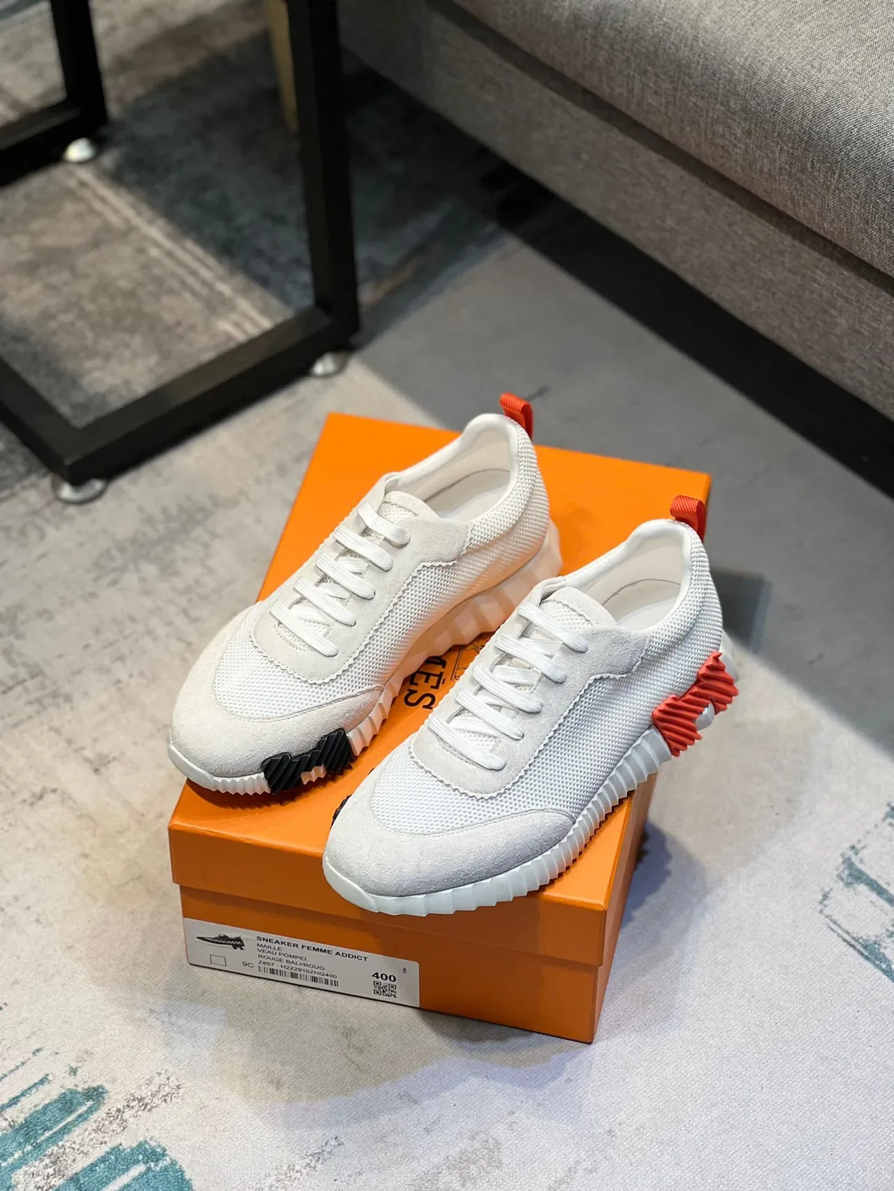 Hermès Branco Laranja Malha e Camurça Superior Esculpida Rugosa Mediola Sneakers Lifestyle 7