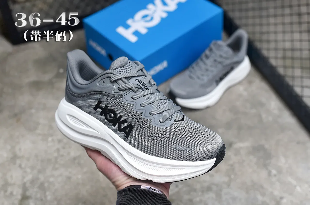 Hoka Gray White Engineered Mesh Upper Thick Midsole Running Shoes 3