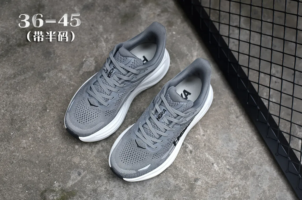 Hoka Gray White Engineered Mesh Upper Thick Midsole Running Shoes 4