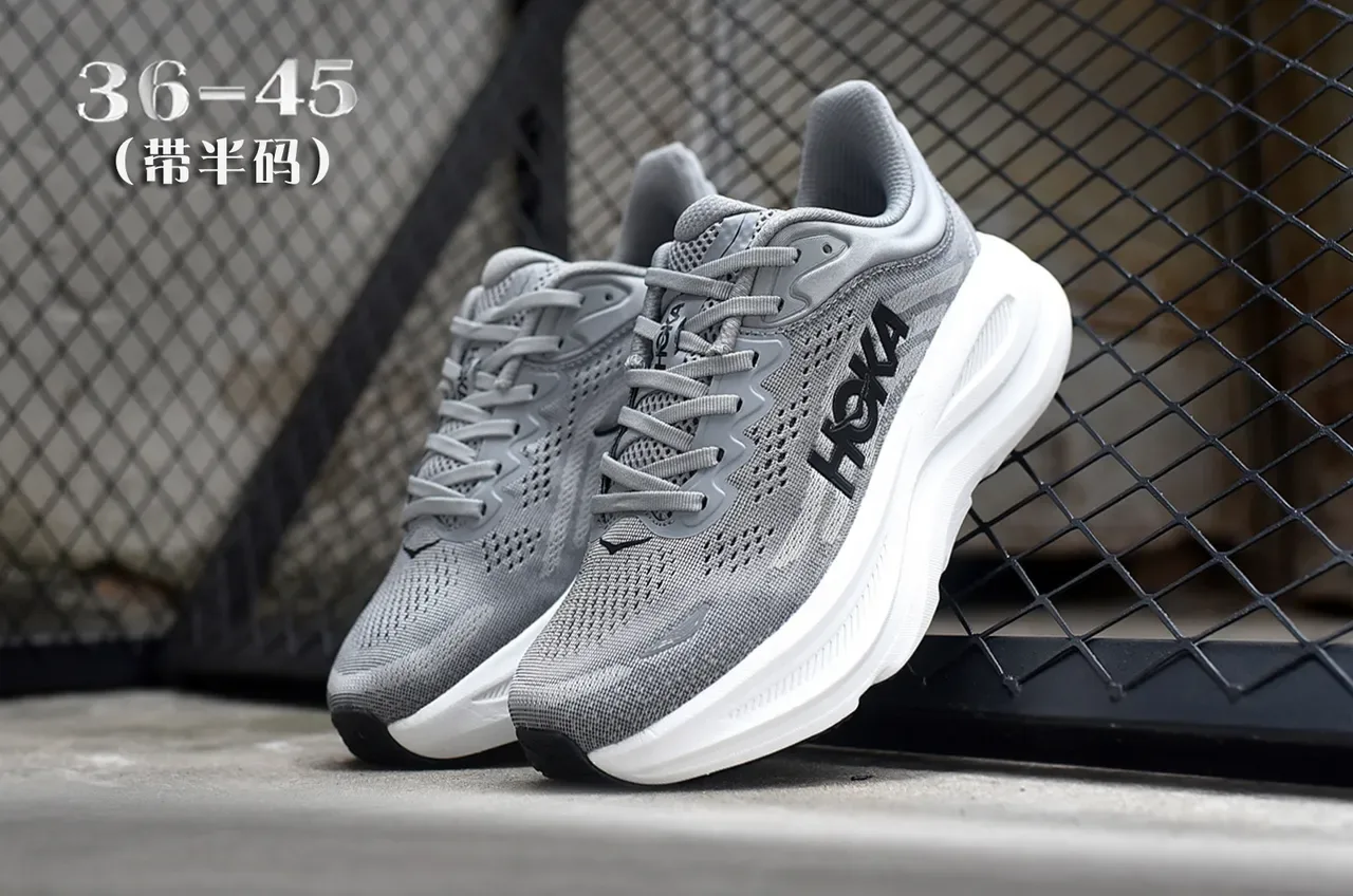 Hoka Gray White Engineered Mesh Upper Thick Midsole Running Shoes 5