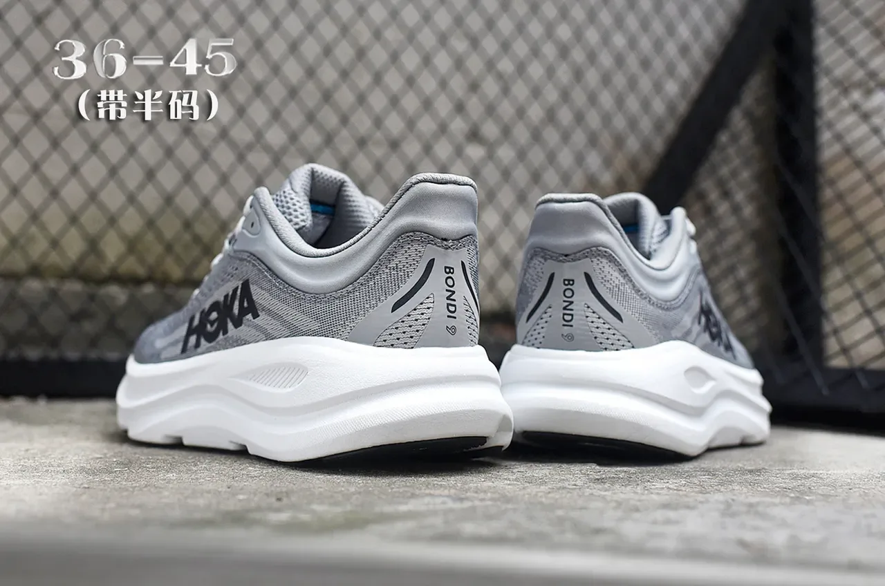 Hoka Gray White Engineered Mesh Upper Thick Midsole Running Shoes 6