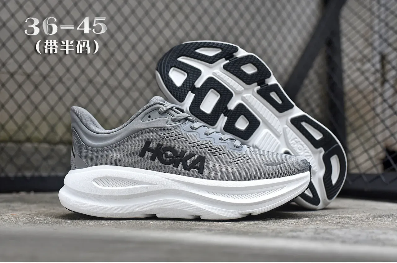 Hoka Gray White Engineered Mesh Upper Thick Midsole Running Shoes 7