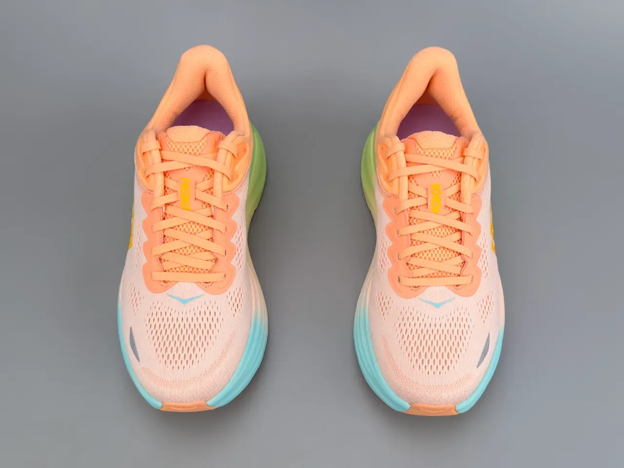 Hoka Orange Green Engineered Knit Upper Gradient Midsole Running Shoes 9