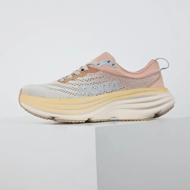 Hoka Pink Beige Engineered Mesh Upper Layered Cushioned Midsole Running Shoes 9