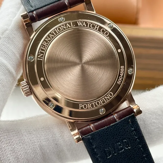 IWC Portofino Automatic Esfera Cinza Escuro Caixa de Ouro Rosa Pulseira de Couro Marrom Relógio Mecânico 5