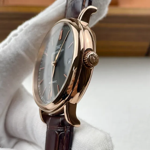 IWC Portofino Automatic Esfera Cinza Escuro Caixa de Ouro Rosa Pulseira de Couro Marrom Relógio Mecânico 6