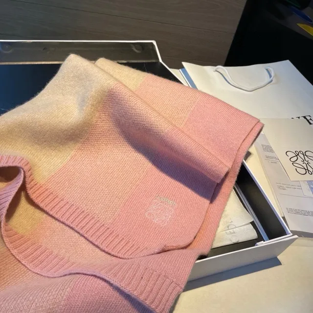 Loewe Anagram-Embroidered Gradient Pink Beige Cashmere Scarf 9