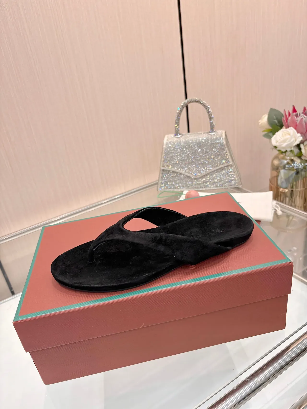 Loro Piana কালো ভেলভেট থং স্লাইড স্লিপার্স 3