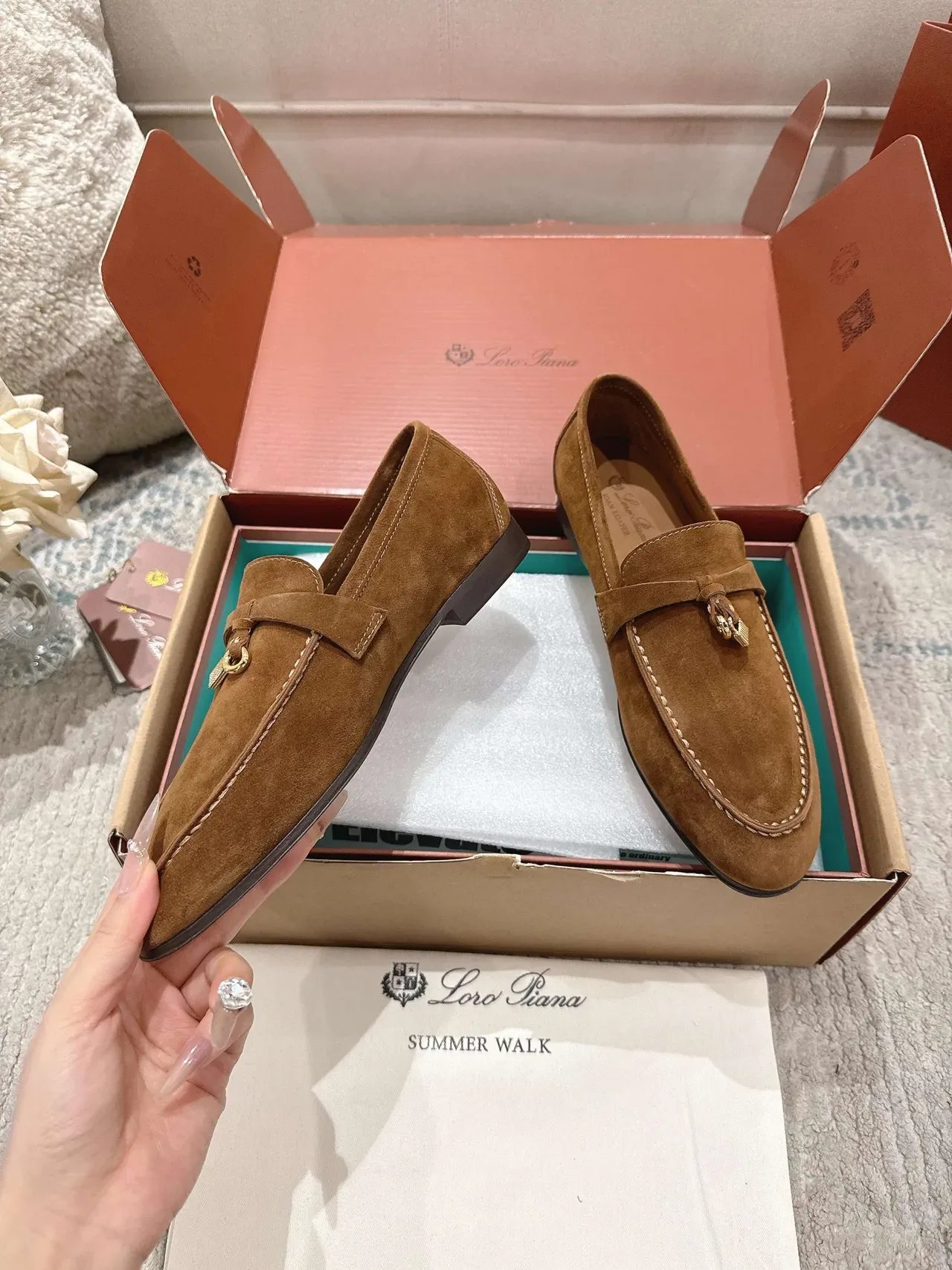 Loro Piana Marrón Beige Ante Mocasin con Borla y Hardware 6